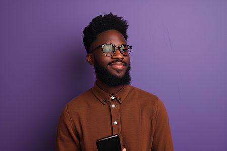 Man with phone on purple studio backgroundの素材