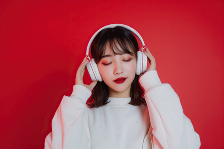 Young Asian woman wearing headphones on a red background listening to her favorite music.の素材