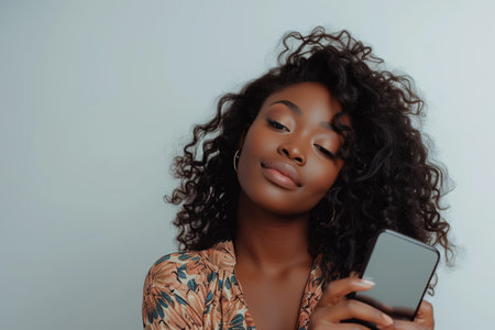 Beautiful African American woman with phone on silver studio backgroundの素材