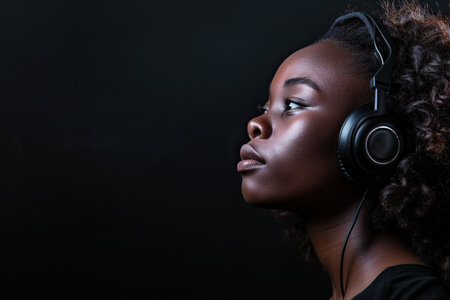 Young African American woman wearing headphones on a black background listening to his favorite music.の素材