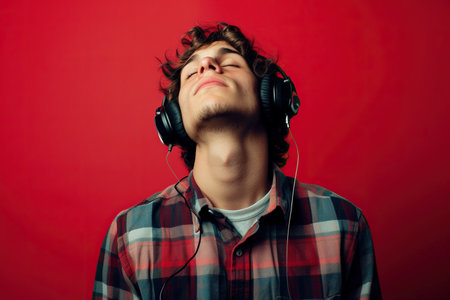 Young man wearing headphones on a red background listening to his favorite music.の素材