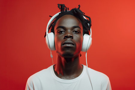 Young African American man wearing headphones on a red background listening to his favorite music.の素材