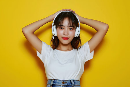 Young Asian woman wearing headphones on a yellow background listening to her favorite musicの素材