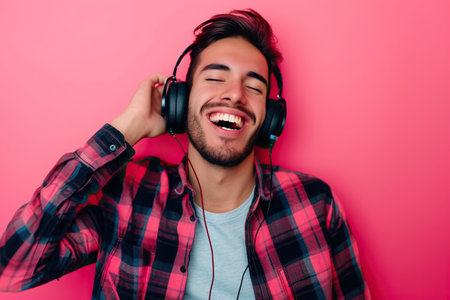 Young Latin man wearing headphones on a pink background listening to his favorite music.の素材