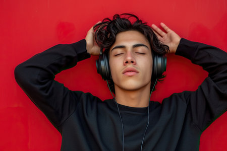 Young Latin man wearing headphones on a red background listening to his favorite music.の素材