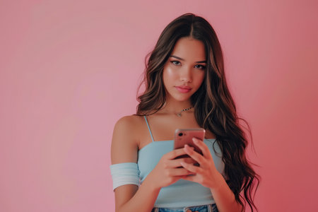 Beautiful Latin American woman with phone on pink backgroundの素材