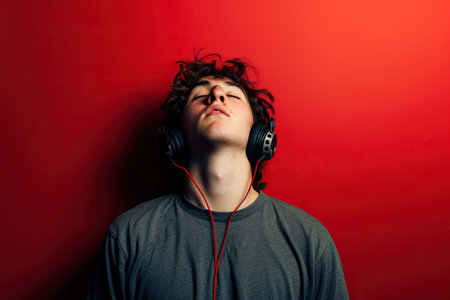 Young man wearing headphones on a red background listening to his favorite music.の素材