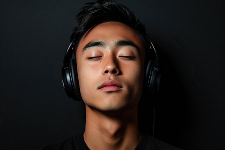 Young Asian man wearing headphones on a black background listening to his favorite musicの素材