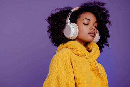 Young African American woman wearing headphones on a purple background listening to her favorite music.の素材