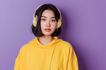 Young Asian woman wearing headphones on a purple background listening to her favorite music.の素材