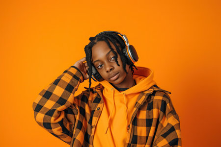 Young African American woman wearing headphones on a orange background listening to her favorite musicの素材