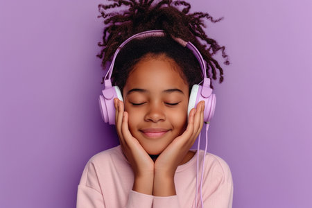 Young African American woman wearing headphones on a purple background listening to her favorite music.の素材