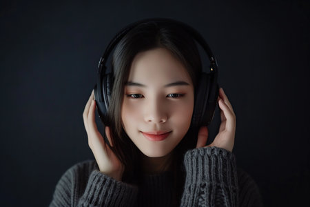 Young Asian woman wearing headphones on a black background listening to her favorite music.の素材