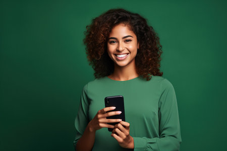 Happy Latin American woman with phone on Emerald studio backgroundの素材