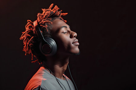 Young African American man wearing headphones on a black background listening to his favorite music.の素材