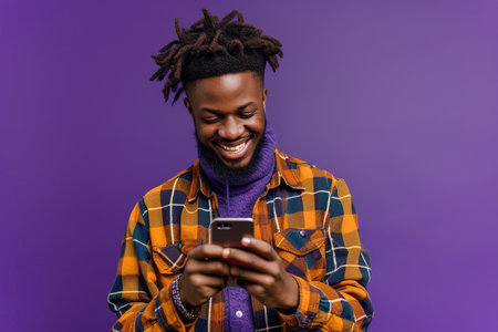 Man with phone on purple studio backgroundの素材