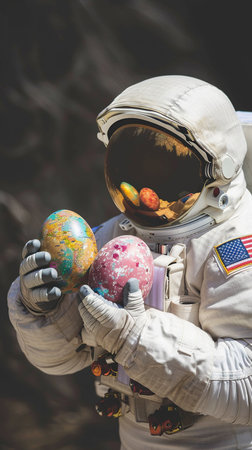 Astronaut portrait holding space Easter eggs in hand in spaceの素材