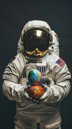 Astronaut portrait holding space Easter eggs in hand in spaceの素材