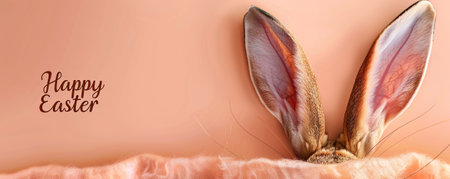 The hare's sticking out of the hole on a peach background. Banner with empty space for text "Happy Easter"の素材