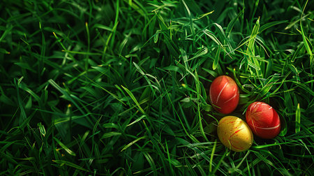 Easter eggs lie in the grass, top view, free space for textの素材
