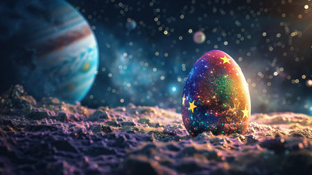 Easter eggs and stars against the background of the night starry sky with planetsの素材