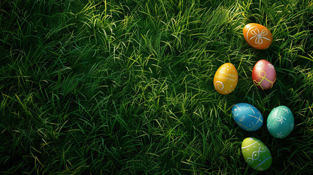 Easter eggs lie in the grass, top view, free space for textの素材