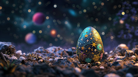 Easter eggs and stars against the background of the night starry sky with planetsの素材