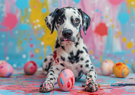 A Dalmatian dog in paint holding Easter eggs and paintbrushの素材