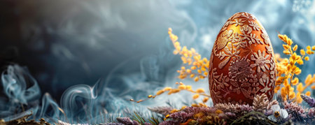 Decorated Easter egg on a dark smoky backgroundの素材