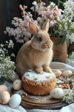 Small rabbit sits on a table on which are decorated eggs and Easter cake. A bunny with natural gray fur sits next to an Easter cake. The cake is decorated with powdered sugar and sprinkles.の素材