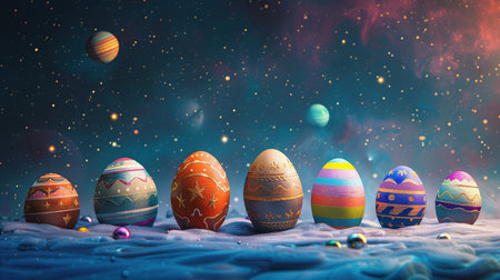 Easter eggs and stars against the background of the night starry sky with planetsの素材