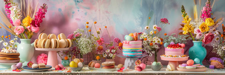 Spring-themed baked goods, including an Easter cake, adorn the festive table, complemented by dried flowersの素材