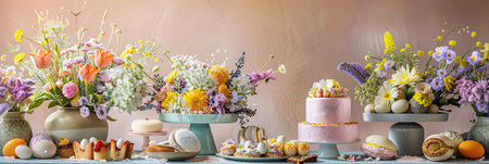Spring-themed baked goods, including an Easter cake, adorn the festive table, complemented by dried flowersの素材