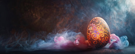Decorated Easter egg on a dark smoky backgroundの素材