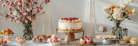 Spring-themed baked goods, including an Easter cake, adorn the festive table, complemented by dried flowersの素材