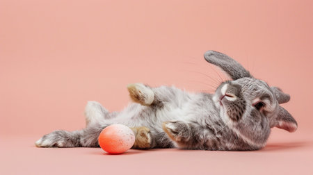 Cute happy emotional gray Easter bunny lies on his back on a peach background and holds in the paws an Easter eggの素材
