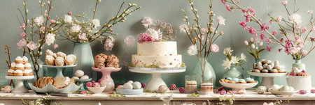 Spring-themed baked goods, including an Easter cake, adorn the festive table, complemented by dried flowersの素材