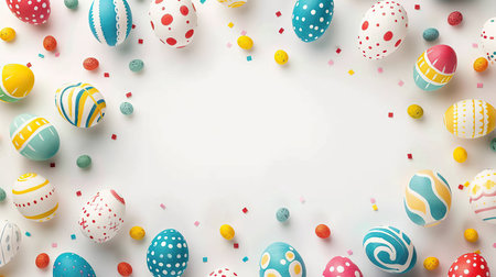 Easter banner with colorful Easter Egg double side border over a white background. Top view with copy spaceの素材
