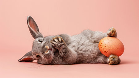 Cute happy emotional gray Easter bunny lies on his back on a peach background and holds in the paws an Easter eggの素材