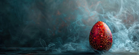Decorated Easter egg on a dark smoky backgroundの素材