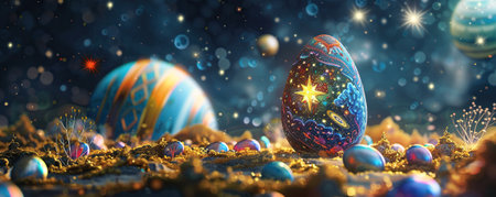 Easter eggs and stars against the background of the night starry sky with planetsの素材