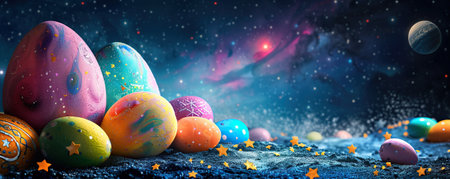 Easter eggs and stars against the background of the night starry sky with planetsの素材