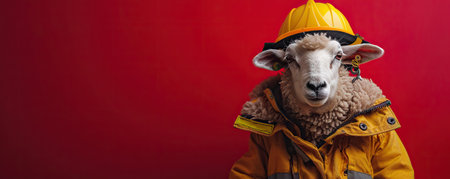 A brave sheep in a firefighter's uniform on a red studio backgroundの素材