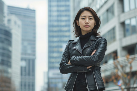 Confident Japanese woman wearing an elegant leather jacket standing in business district. Concept of Entrepreneurship, wealth building and Ownershipの素材