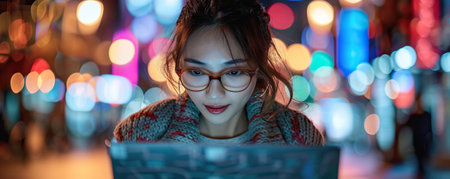 Beautiful young Japanese woman wearing glasses looking at laptop at night. Screen light reflecting in young female's glasses. Working late at evening.の素材