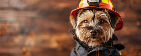 A cute dog in a firefighter's uniform on a brown studio backgroundの素材