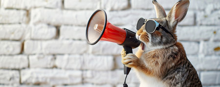 Cool bunny in sunglasses with megaphone on white backgroundの素材
