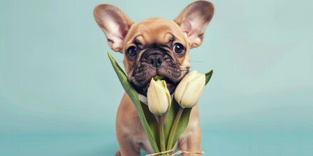 Cute little puppy dog with tulip flower in mouth on light blue background for Valentine's day or Mother's day or birthday card.の素材