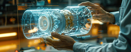 Industry: An engineer designs 3D engines, analyzes prototypes using an Augmented Reality Hologram table. Turbines for solar power production. Automated robot arm assemblyの素材