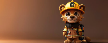A cute Lion in a firefighter's uniform on a brown backgroundの素材